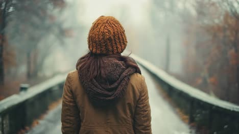 a woman wearing a brown jacket and a brown hat standing on a bridge