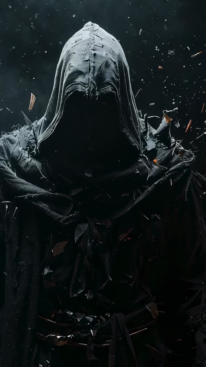 Vertical video: Charred fragments drifting around hooded figure in smoke, revealing ragged cloak