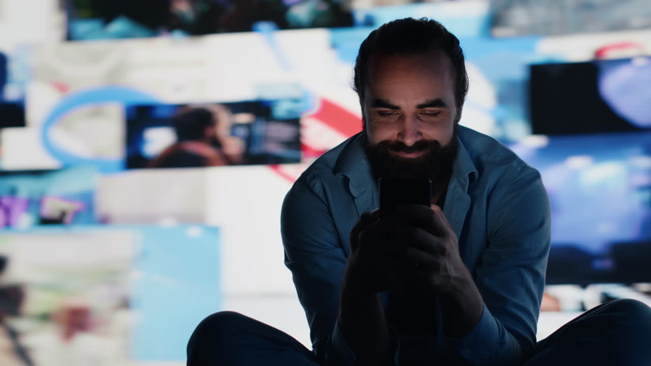 Stressed individual obsessively overuses his mobile phone social apps