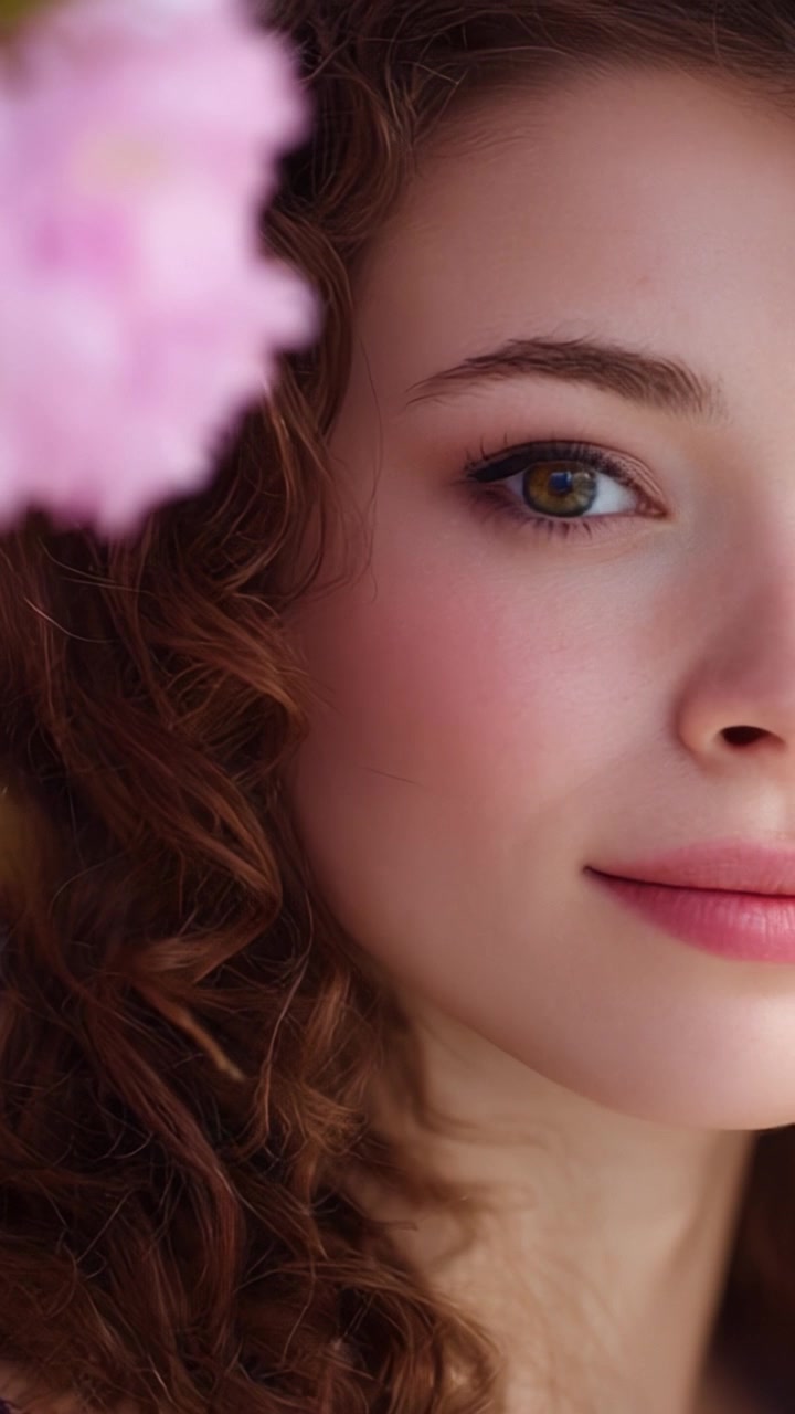 Ritratto affascinante di una giovane donna con capelli ricci incorniciati da fiori, che mette in mostra la bellezza naturale e espressioni delicate in un ambiente sereno.