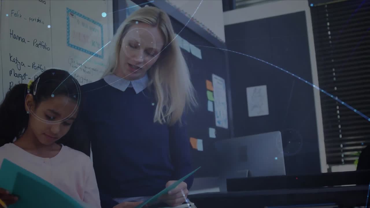 анимация сети связей над счастливым разнообразным учителем и школьницей