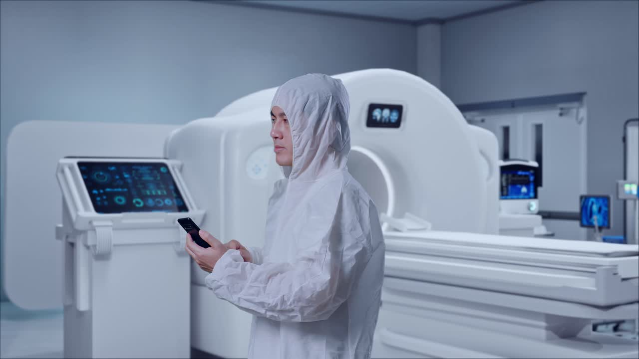 Side View Of Asian Male Scientist Using Smartphone And Look Around While Standing With MRI Machine In The Hospital