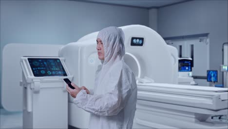 side view of asian male scientist using smartphone and look around while standing with mri machine in the hospital