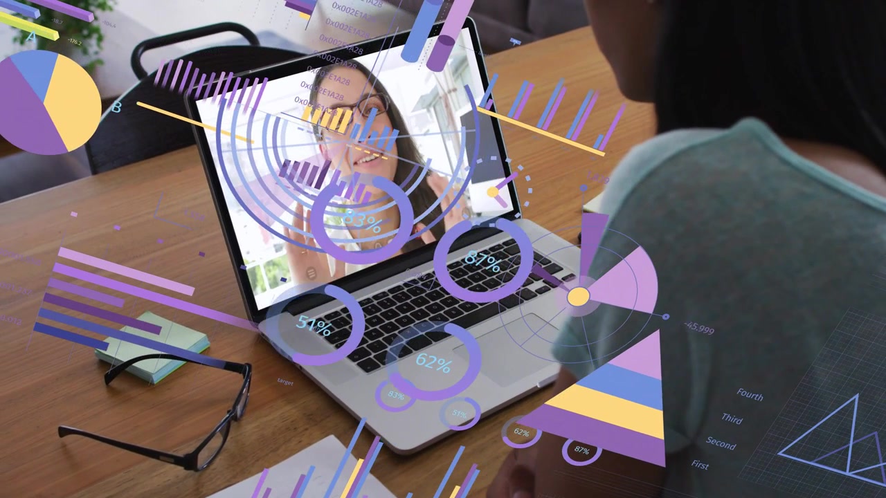 Presenter on laptop gesturing, woman leaning in, animating business charts over laptop for analysis