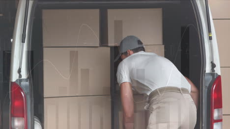 Animation of data processing over man packing boxes into car