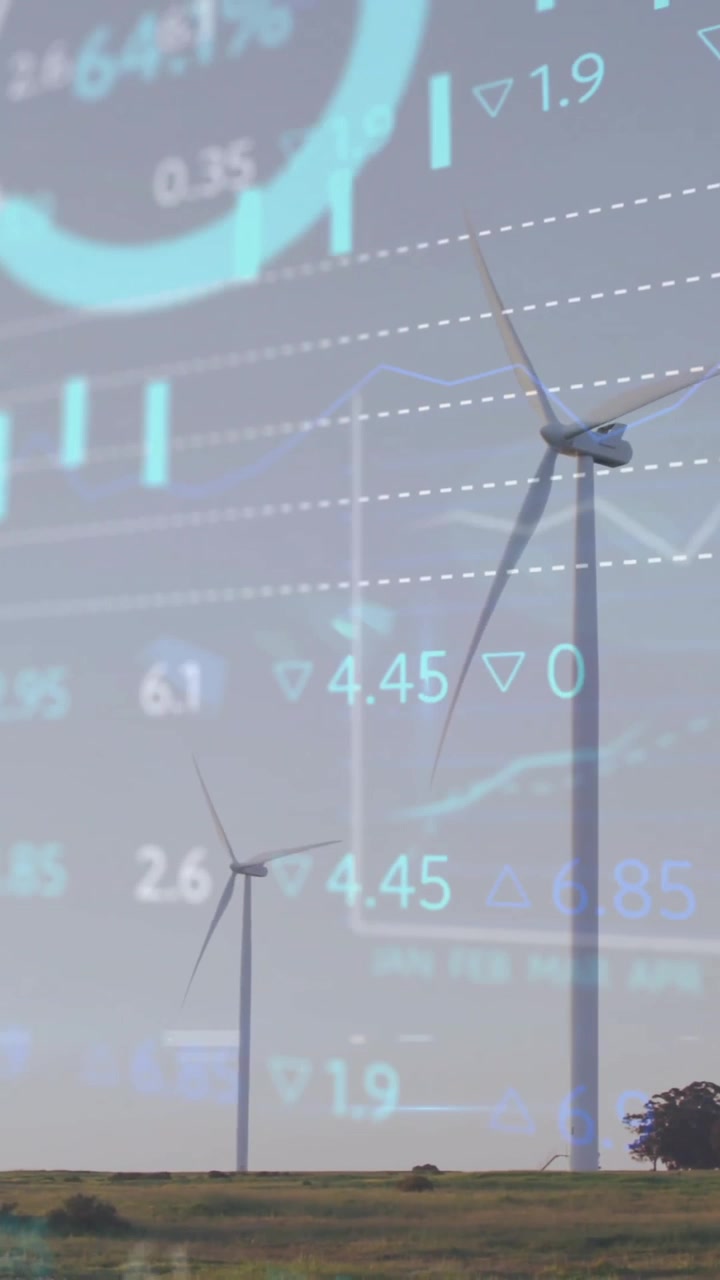 Wind turbines on landscape with financial data processing animation over them