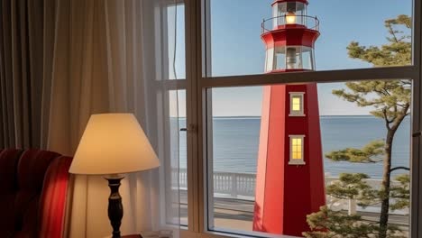 warm hotel room interior featuring a lit lamp and a stunning view of a vibrant red lighthouse against a tranquil blue sea, framed by a lush green tree