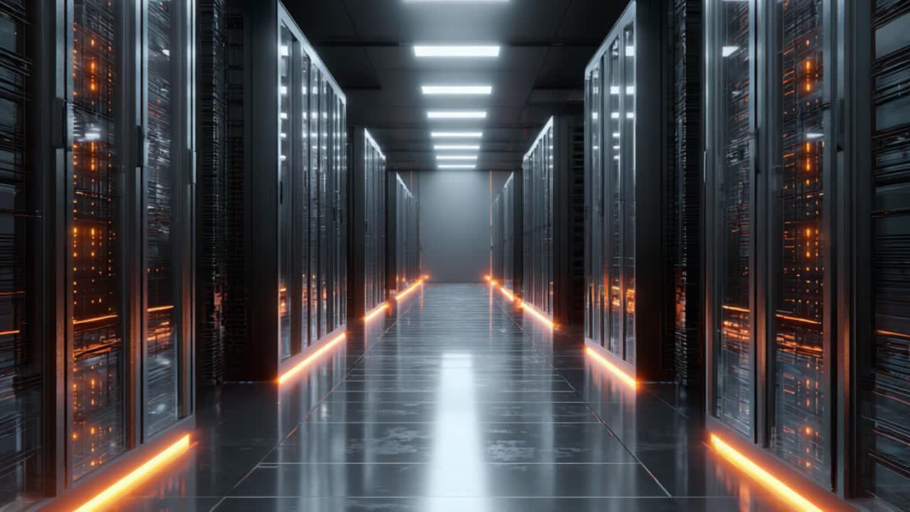 Exploring a Modern Data Center: Sleek Server Racks and Advanced Technology Illuminate the Stalwart Infrastructure of Digital Storage and Connectivity