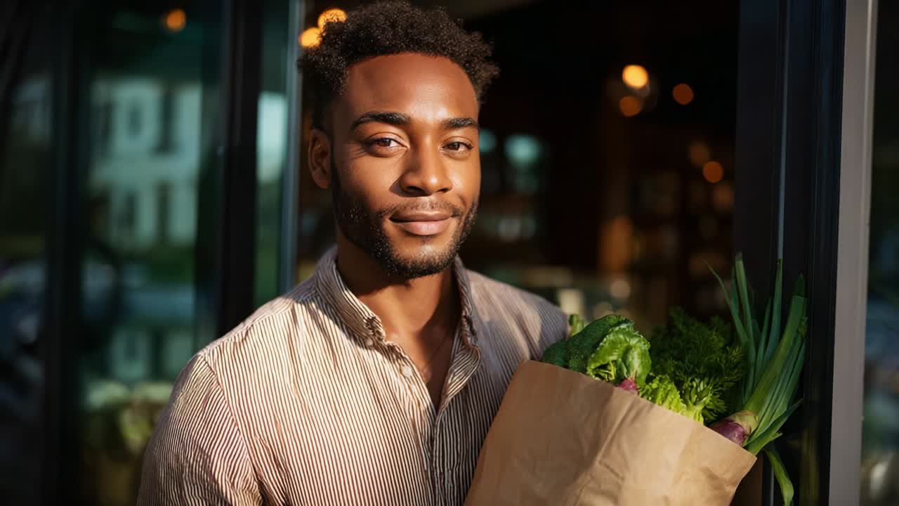 Un giovane uomo allegro con un sorriso smagliante è in piedi fuori da un negozio di alimentari, mentre tiene con orgoglio una busta di carta piena di verdure fresche ed erbe, incarnando l'essenza di uno stile di vita sano e l'impegno per una dieta sostenibile.