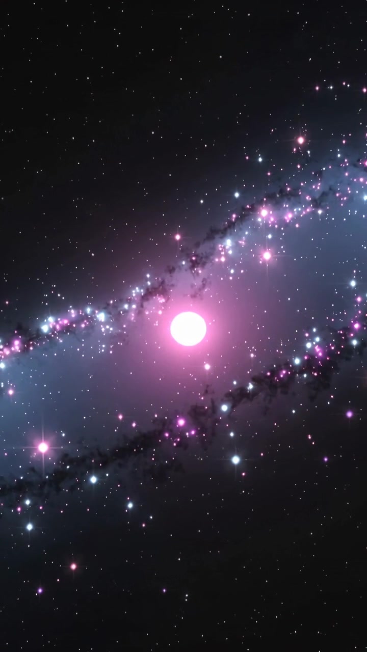 Video verticale: Oggetto magenta che fluttua e si centra nello spazio durante un cambio di inquadratura, mostrando un braccio galattico.