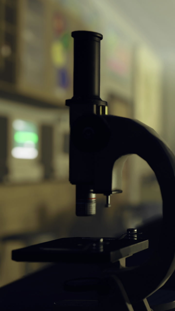 Microscope on table in classroom with blurred background of learning space