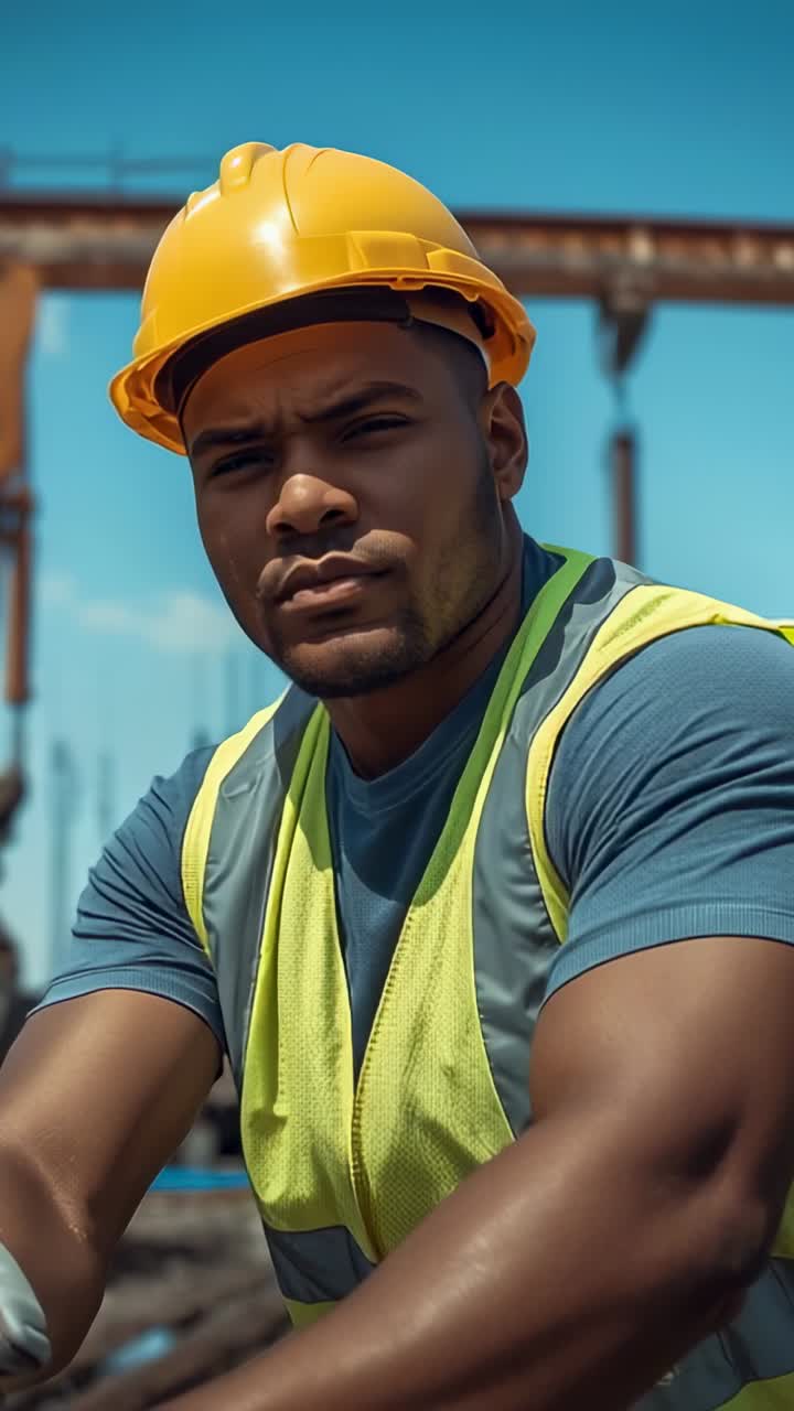 Vertical video: Resting construction worker surveying site on steel beam with hard hat, safety vest