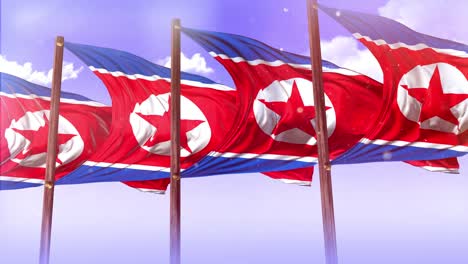 north korean flags waving in the sky