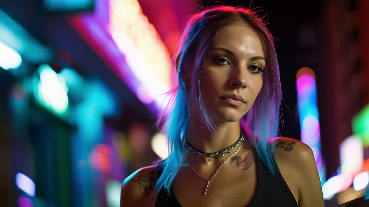 Giovane donna con luci al neon colorate nella notte urbana