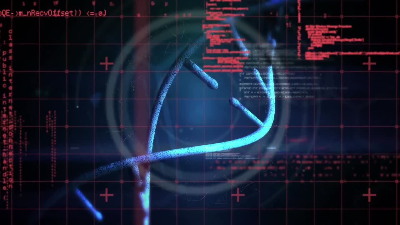animación de la cadena de adn sobre el procesamiento de datos científicos en un fondo oscuro