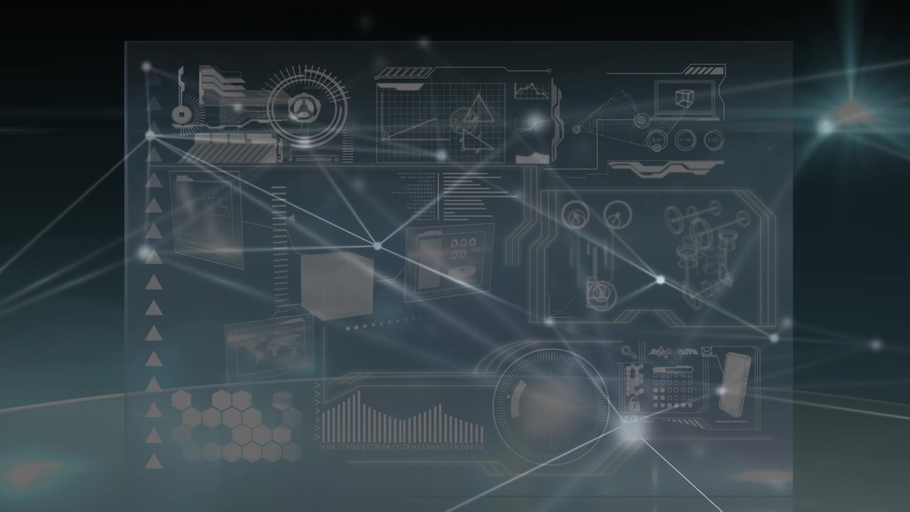 Animation of connections and diverse data on digital screen in black space