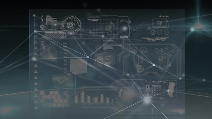 Animation of connections and diverse data on digital screen in black space