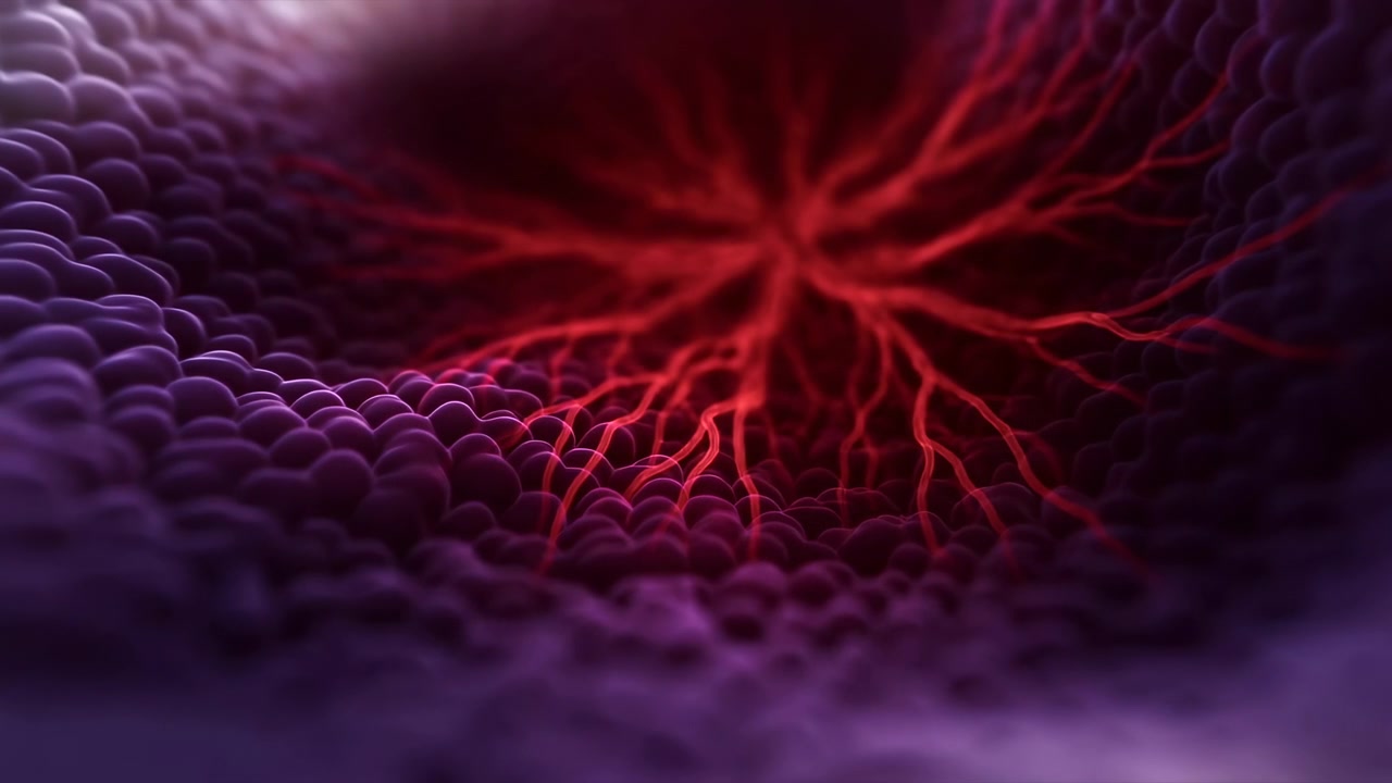 Close-up abstract scene of a dense purple organic pattern filling the frame, with a bright red glowing focal point near the upper center and dark soft tones