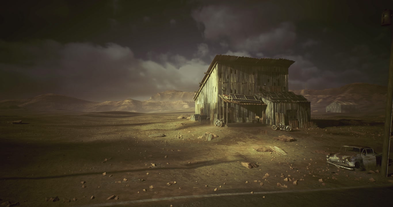Derelict survival post surrounded by wasteland and somber gray sky