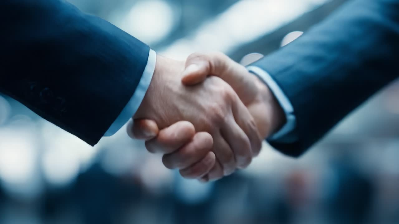 A Formal Business Agreement: Two Professionals Engaging in a Firm Handshake, Symbolizing Trust and Collaboration in a Professional Environment Amidst a Blurred Background of Corporate Activity