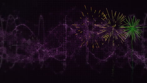 merry christmas text banner over fireworks exploding and purple digital wave on black background