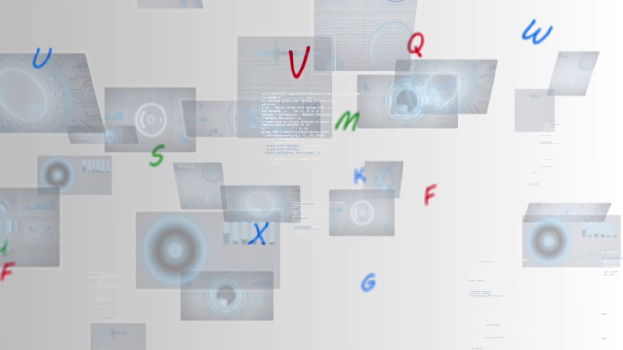 animación de letras y procesamiento de datos sobre fondo blanco