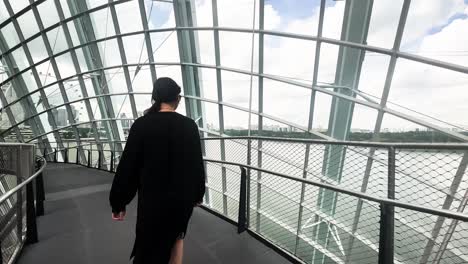 A-South-Asian-Woman-Strolls-and-Admires-the-Surroundings-Through-the-Lush-Foliage-of-the-Cloud-Forest-Within-Gardens-By-The-Bay-in-Singapore---Tracking-Shot