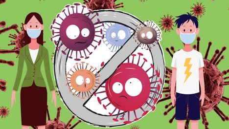 animación de personas con máscara facial y signo de prohibición sobre células de virus
