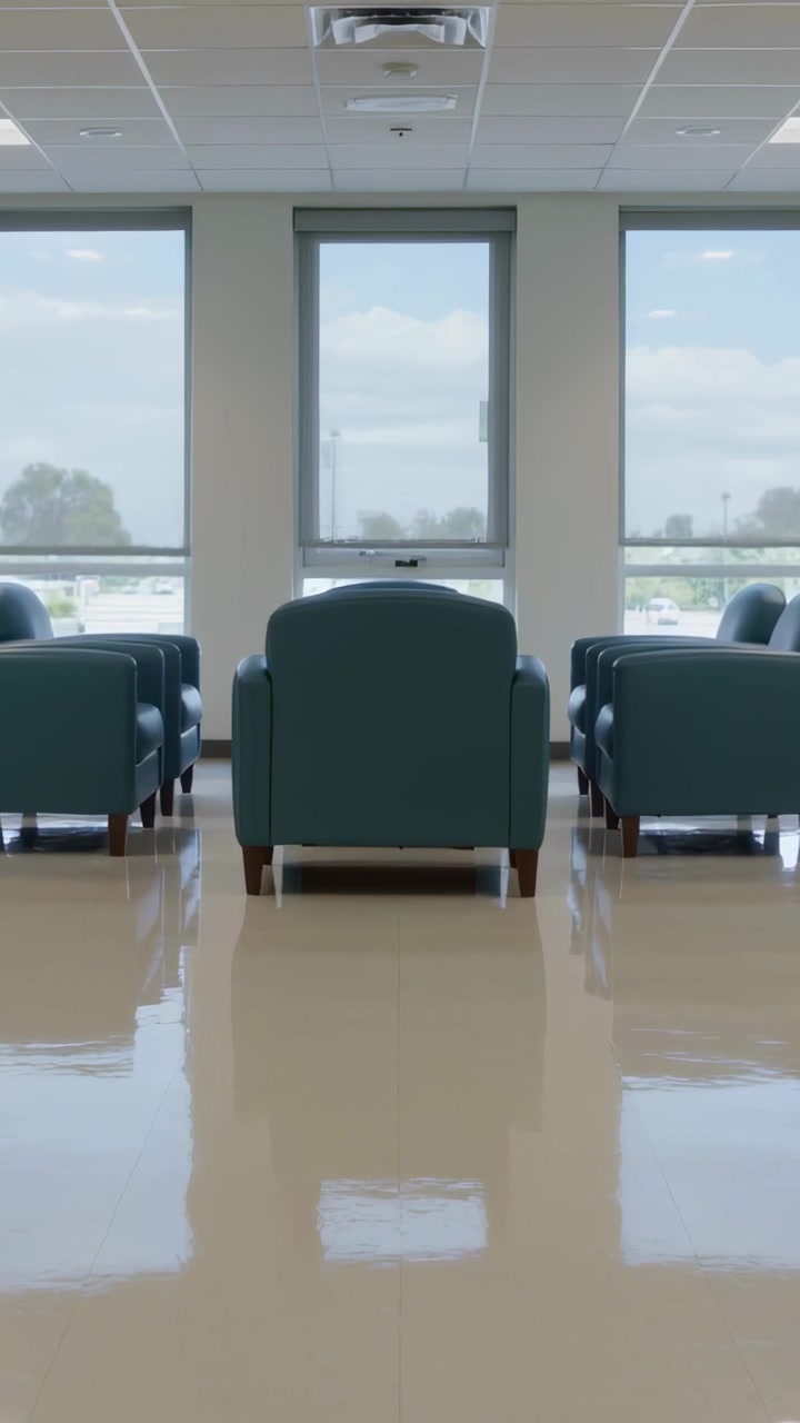 Vertikales Video: Eine Kamera fährt auf einen türkisfarbenen Stuhl in einer Klinik zu, zeigt Bodenreflexion.