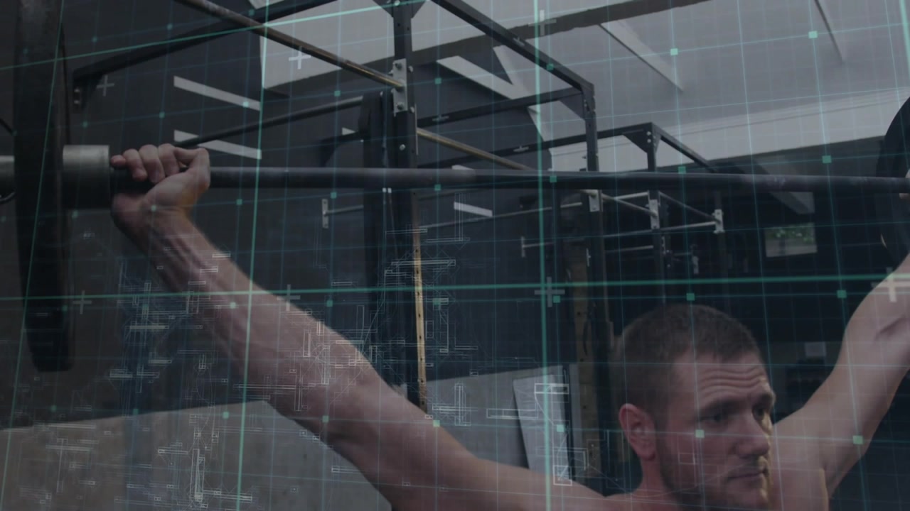 Male lifter initiating lift from floor barbell locking overhead while HUD tracking bar for fitness