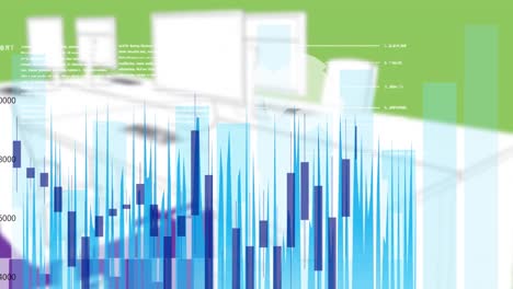 Animation-of-data-processing-and-statistics-recording-over-computers-in-empty-office