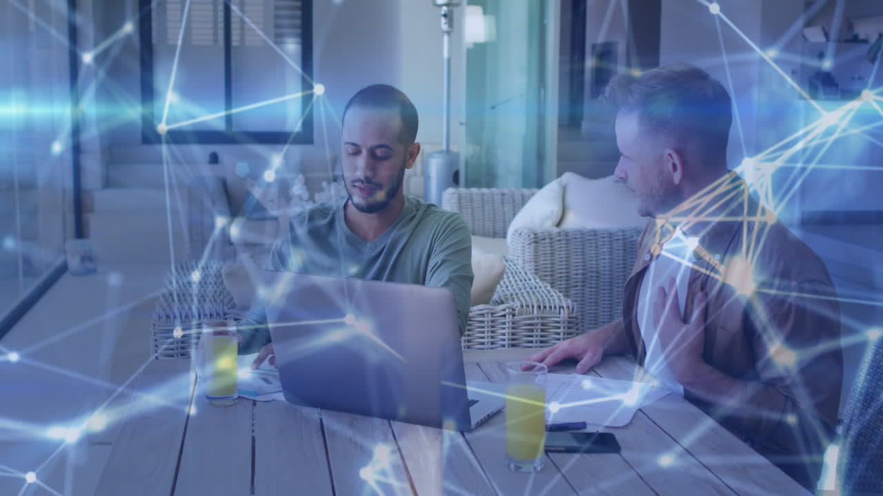 Animation of network of connections over diverse men using laptop