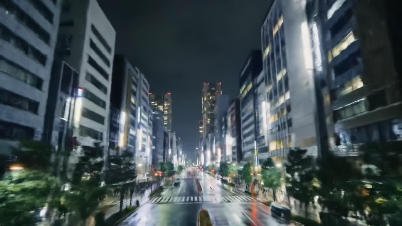 Dynamic Night Drive Through Urban Cityscape: Capturing the Vibrant Lights and Reflective Surfaces of a Modern City in Motion