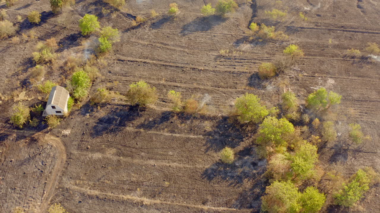 Drone view of fire on field. Aerial view of dry grass field in fire