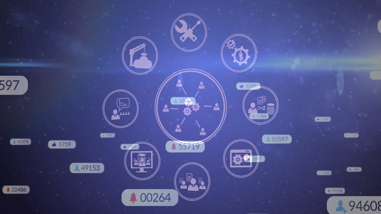 Animation of social media icons and numbers over purple background