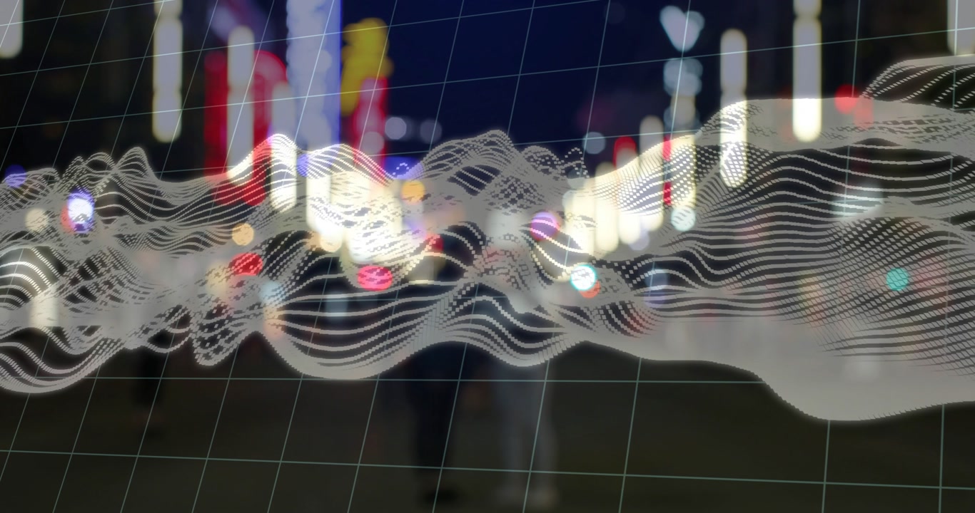 Frames advancing, layered white waveform shifting and undulating across grid, visualizing sound