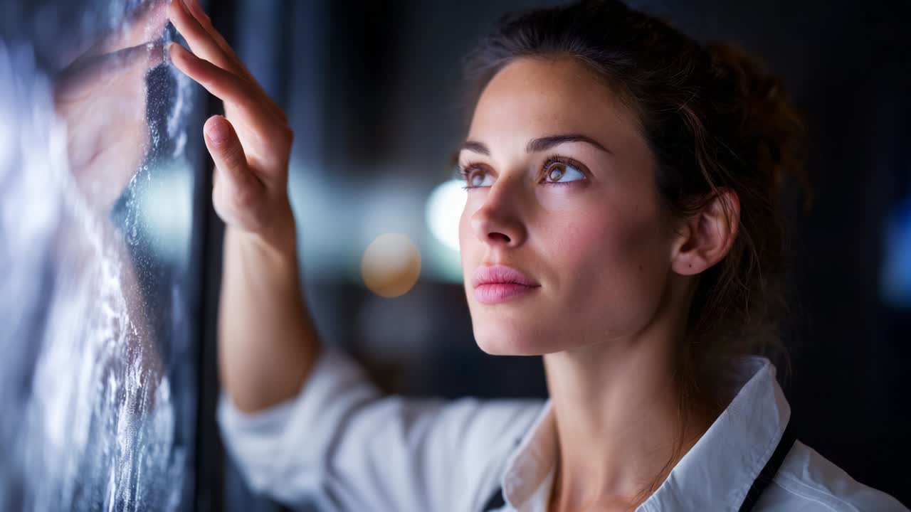 A thoughtful woman gazing through a window, contemplating life while gently touching the glass, reflecting a moment of introspection and connection with the world around her in a serene environment