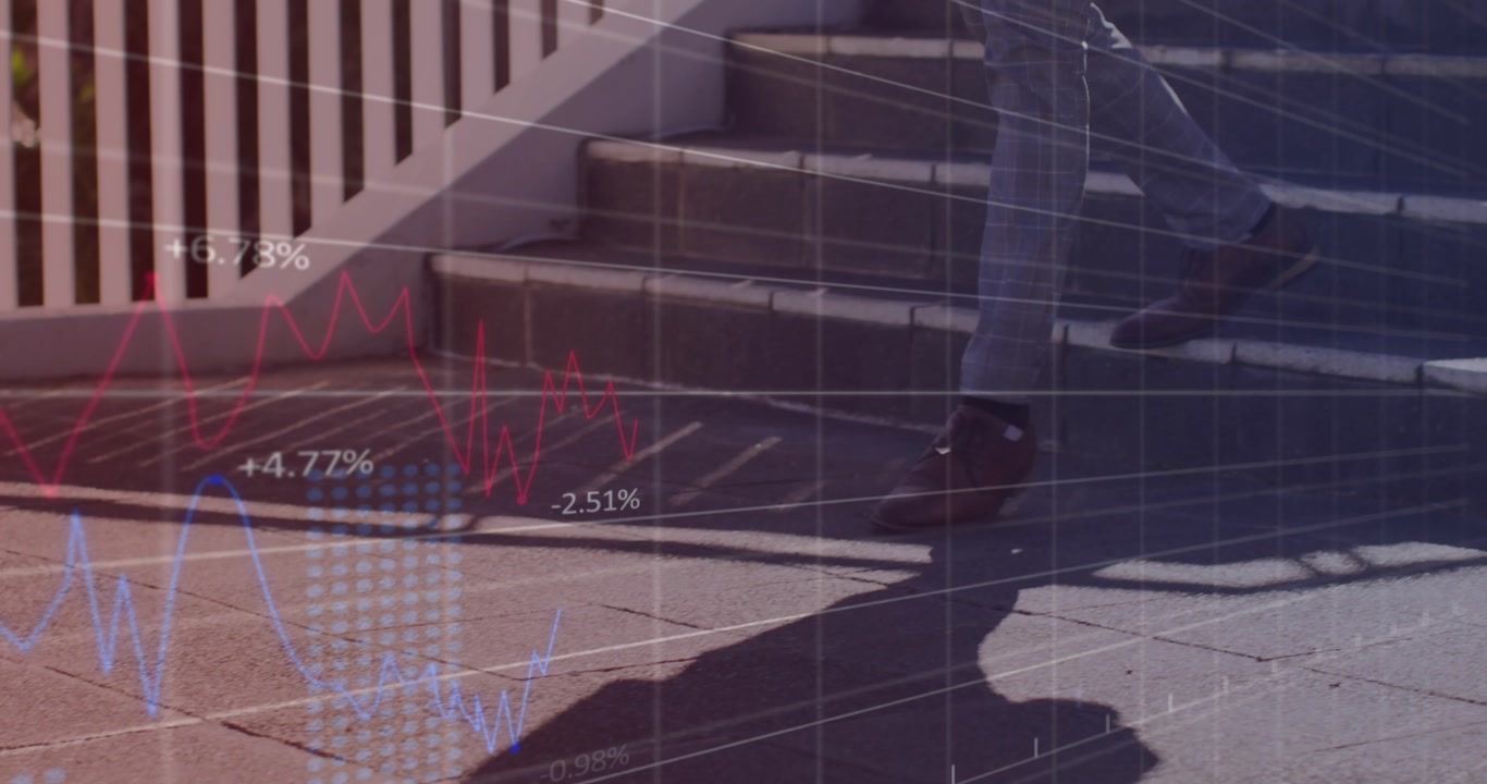 Animation of financial data processing over man walking on stairs