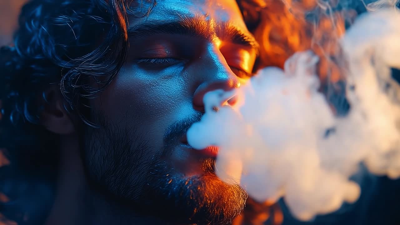 Man exhaling smoke in vibrant lighting. A man with curly hair exhales smoke surrounded by colorful lighting, creating an atmospheric and moody vibe.