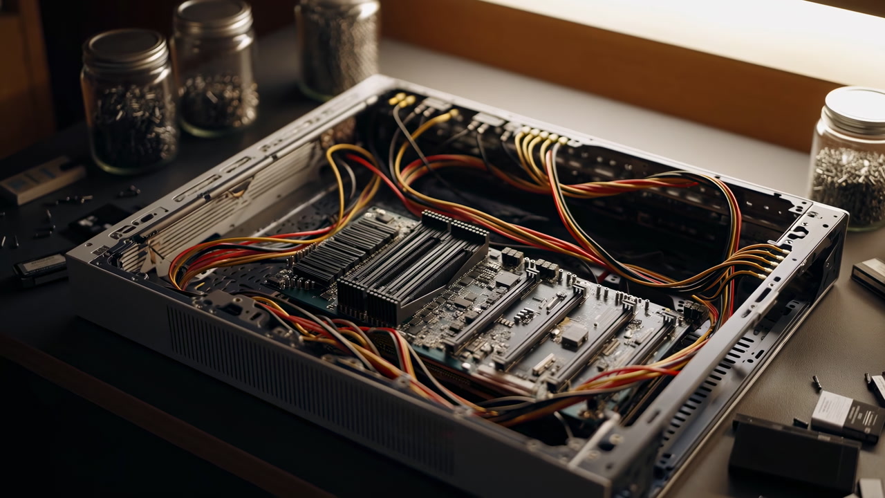 Open Server Chassis On Workbench With Tangled Power And Data Cables, Exposed Motherboard And Memory Slots,
