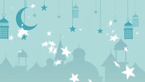 animation of arabic style rooftops with crescent moon, lamps and falling stars in white on blue