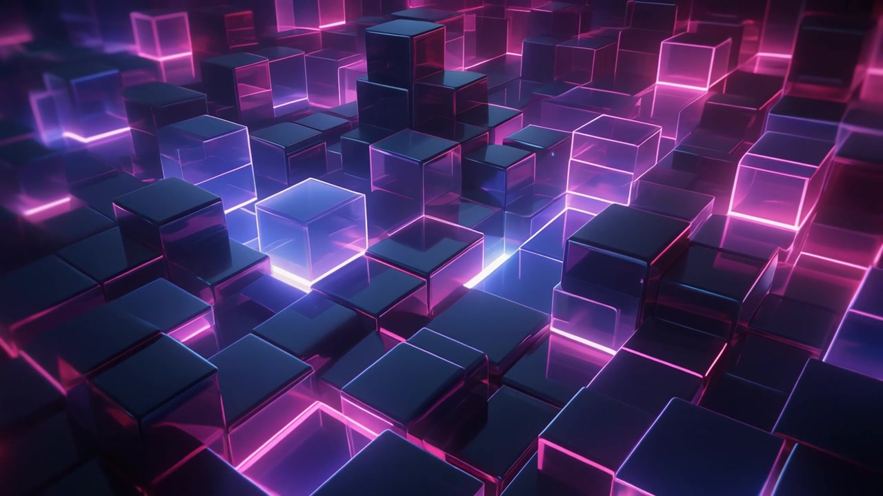 Abstract Background of Glowing Neon Purple Cubes