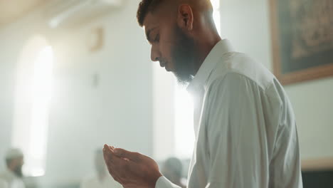 gratitude, muslim and man with faith in a mosque