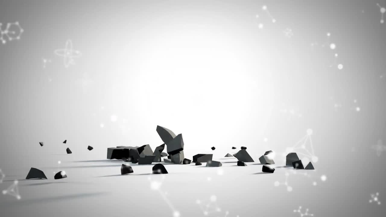 유로 화폐 상징 위에 떠다니는 분자 구조가 회색 배경에 떨어지고 부서집니다.