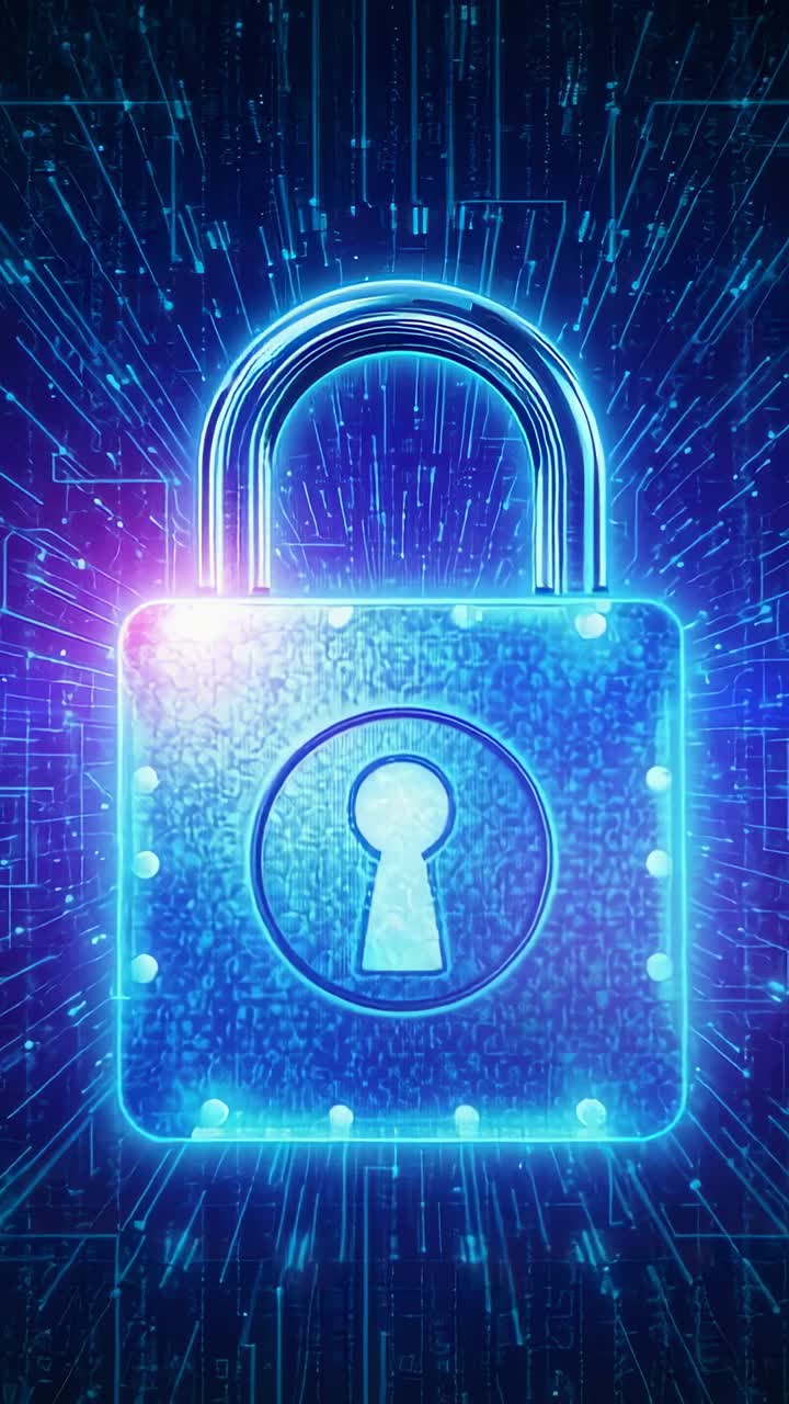 Vertical video: Pulsing neon padlock reacting to signal in cyber backdrop, signaling secure lock
