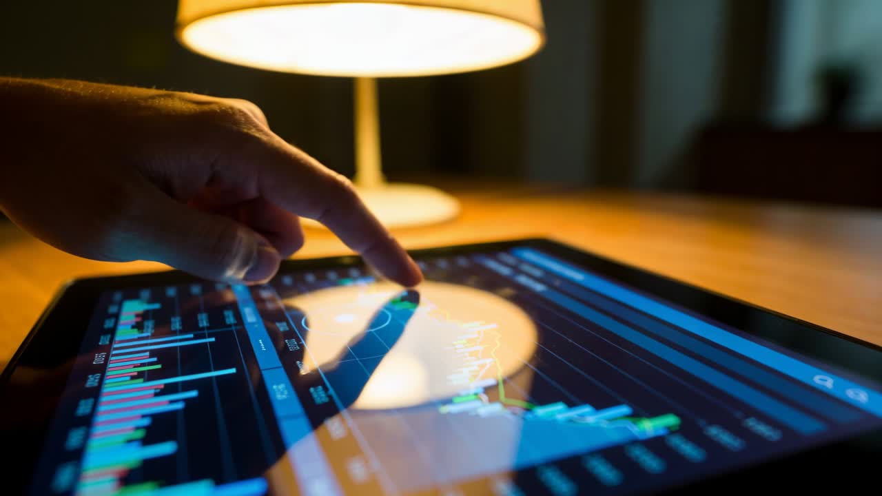 Video vertical: Mano derecha flotando y luego tocando una tablet en el escritorio, revisando gráficos bajo el resplandor de una lámpara.