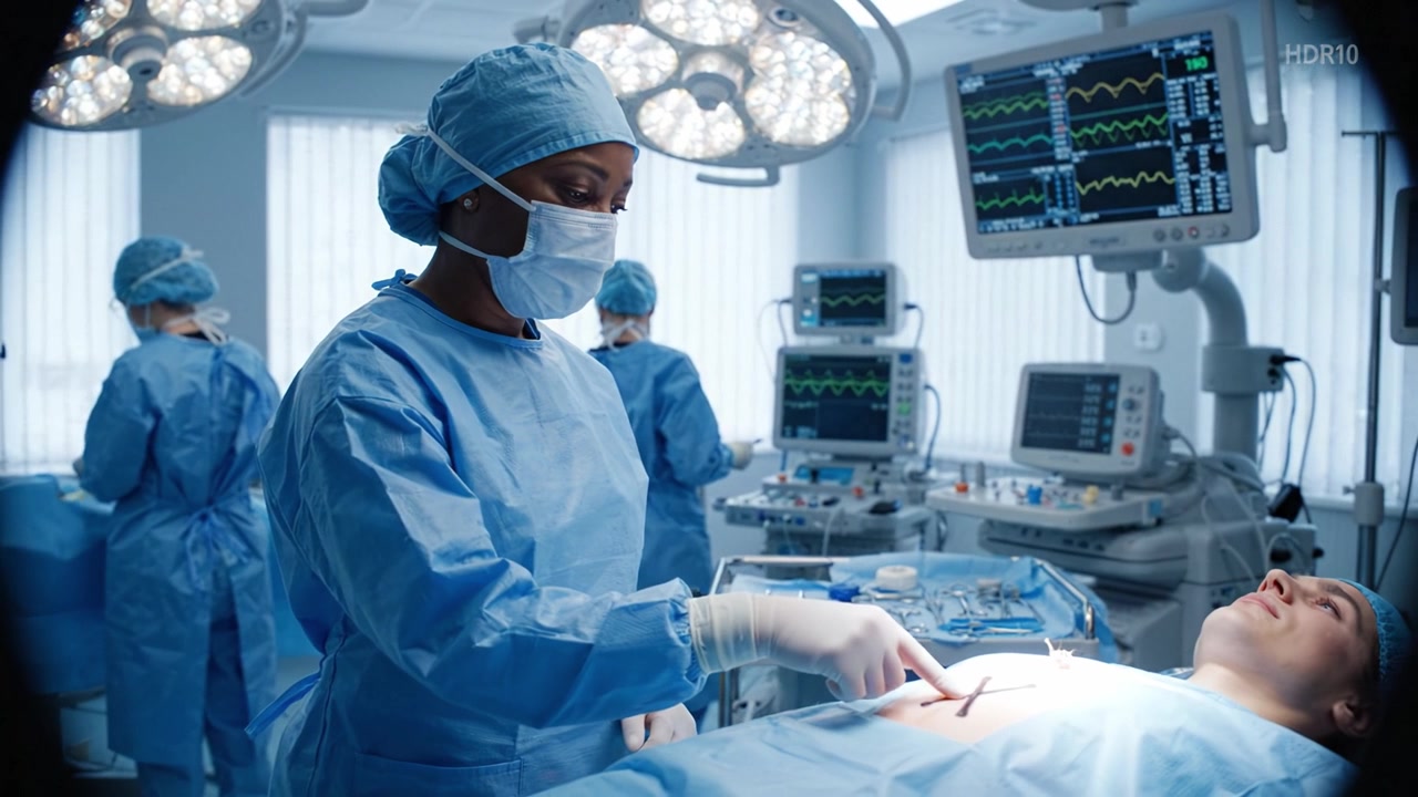 Et dygtigt medicinsk team udfører en delikat kirurgisk procedure på en moderne operationsstue, der viser teamwork, fokus og avanceret medicinsk teknologi.