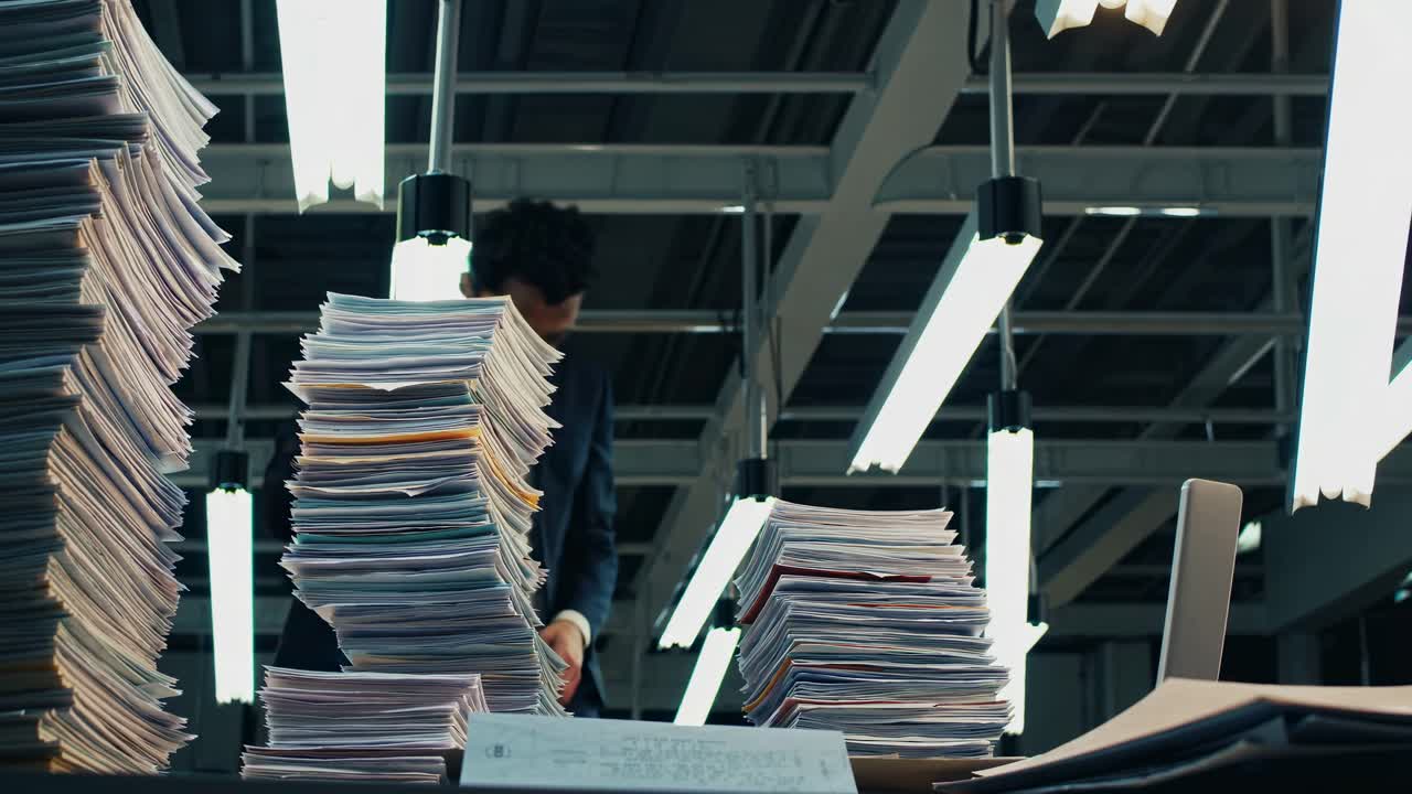 abrumado por el papeleo en la oficina