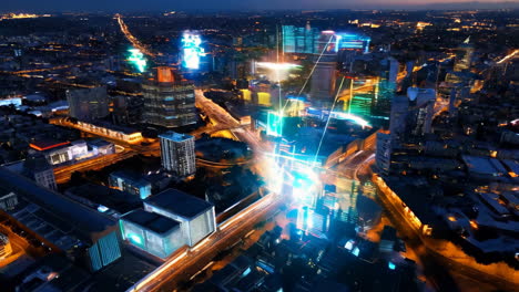 night city skyline with digital overlay