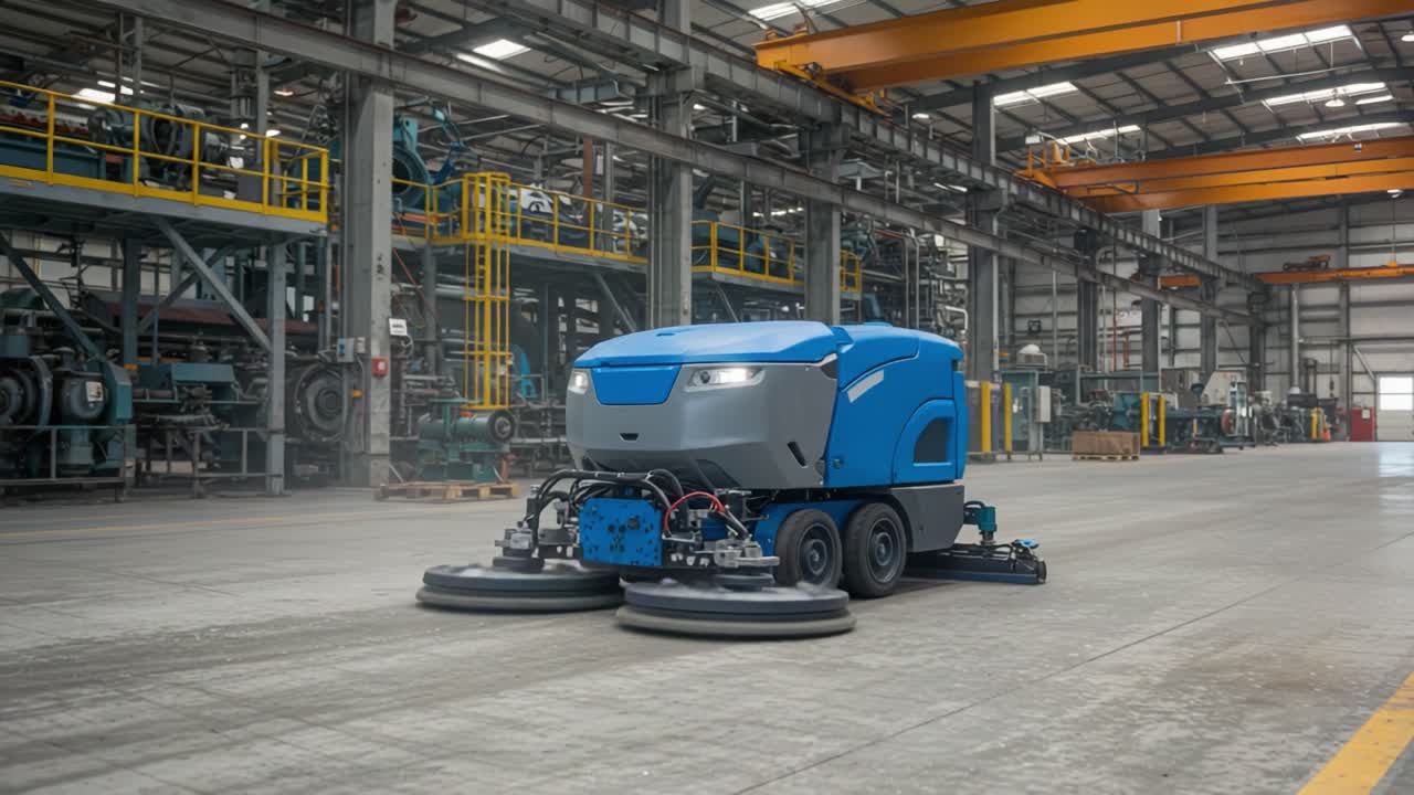 Advanced Automatic Floor Cleaning Machine Operates Efficiently in an Industrial Warehouse, Showcasing Cutting-Edge Technology and Design for Optimal Floor Maintenance